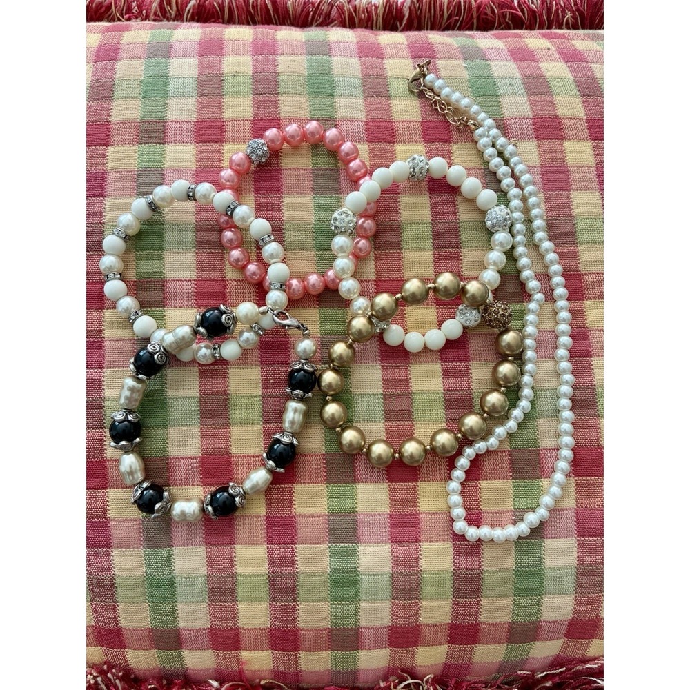 Faux Pearl Jewelry Lot Necklace Bracelets Pink White Gold Black Beaded